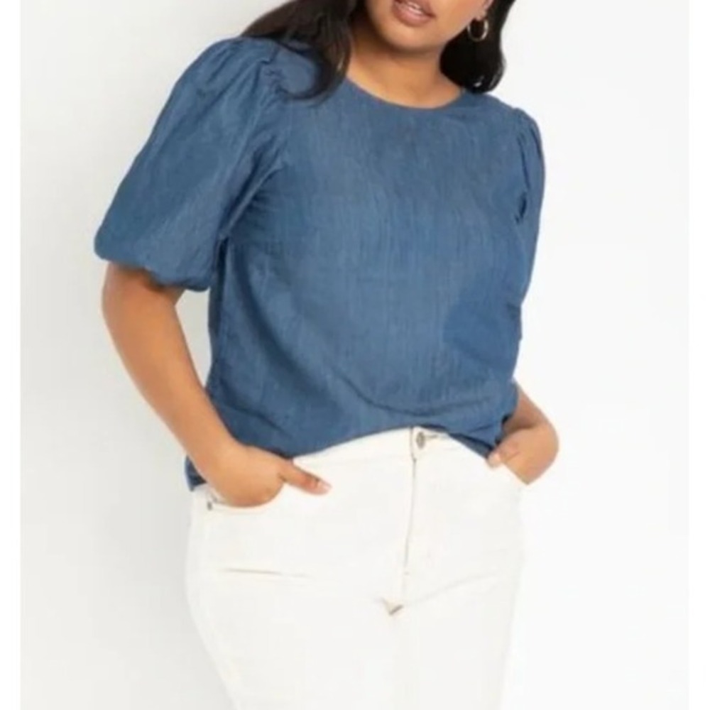 Eloquii Denim Puff Sleeve Blouse Chambray Blue 18 Plus‎ Size Casual Minimalist - Picture 10 of 11